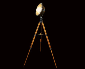 Re-purposed dumpy level tripod floor lamp side view