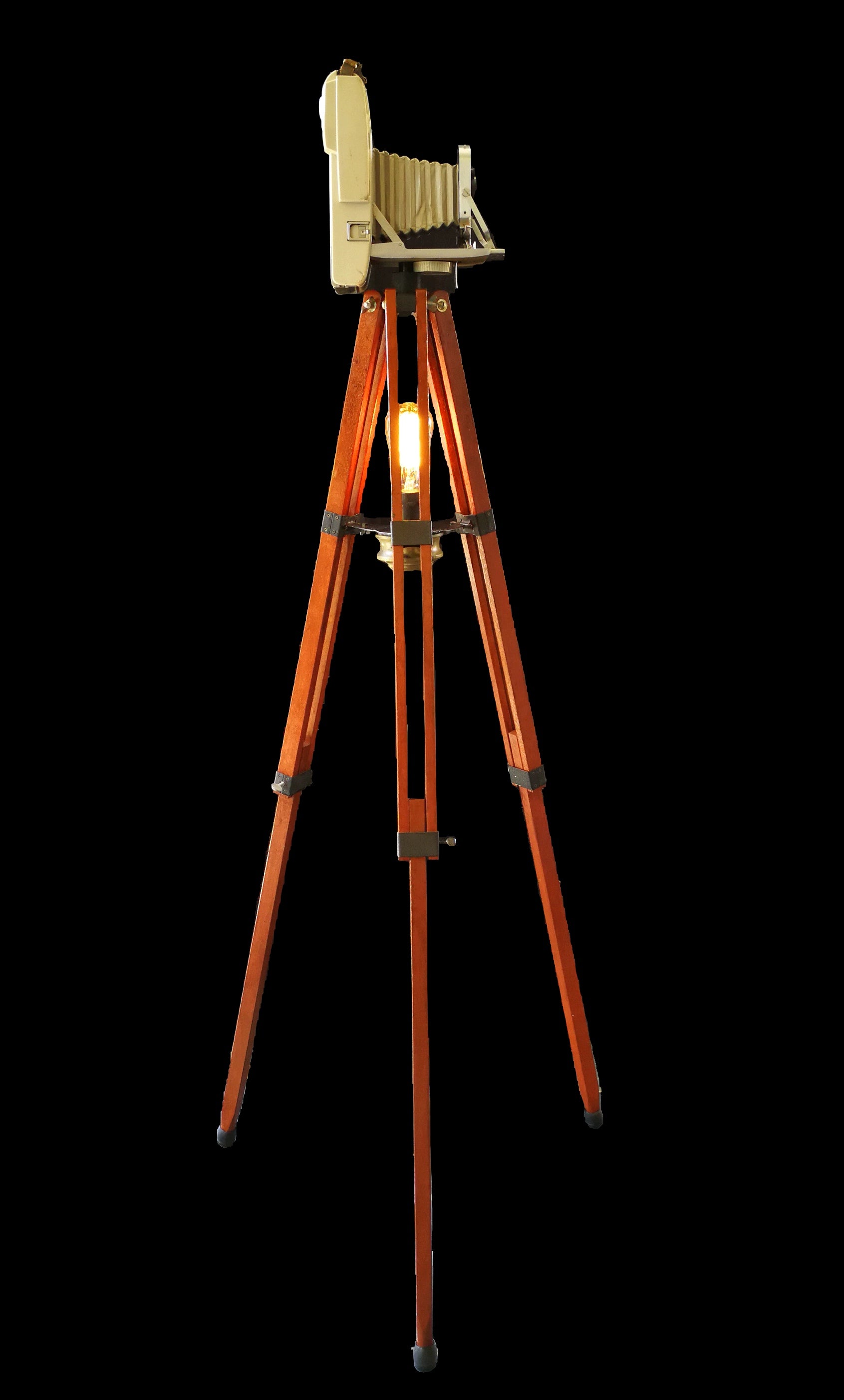 Tripod floor lamp with vintage camera side view