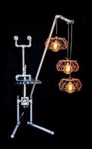 Floor lamp made from galvanized pipes with 3 hanging bulbs, front view