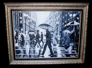 Black and white oil painting by Johan Stadler of man walking in rain on street